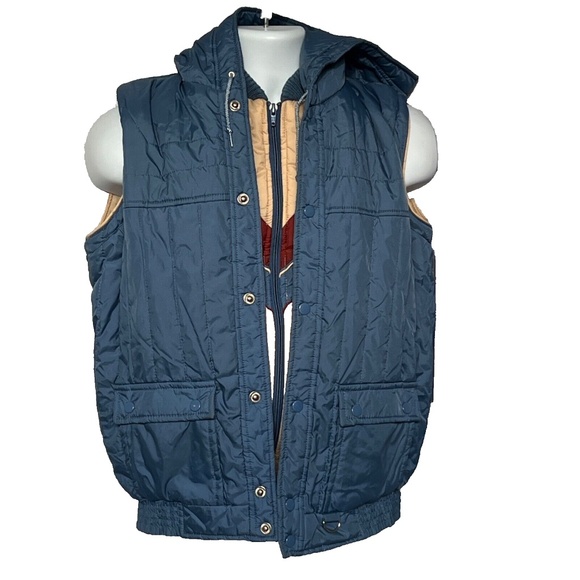 Vintage High Impact Puffer Vest w 1/2 Liner Blue & Tan Size M Mens Hood Snaps - Picture 2 of 8